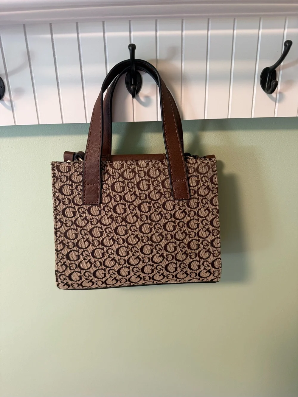 Guess Brown Monogram Satchel with Dark Brown Handles